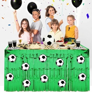 Falda de mesa con flecos verdes y patrones de fútbol para fiesta temática del Mundial