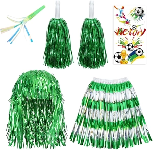 Flat lay of green soccer fan set including pom-poms, wig, striped skirt and horn