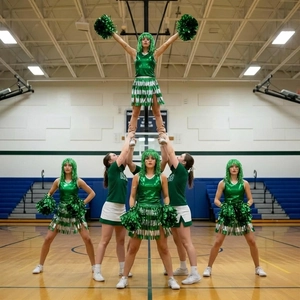 Metallic green cheerleader outfit set with shiny vest, fringe skirt, wig and pom-poms