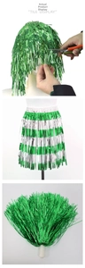 Detail of green metallic foil cheerleader outfit including wig, skirt and pom pom