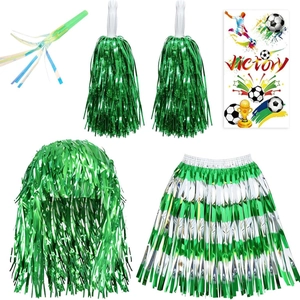 Green soccer fan cheering set with wig, pom-poms, striped fringe skirt, horn, and stickers