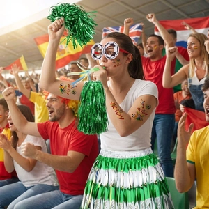 2026 Soccer World Cup fan cheer kit with green tinsel skirt, pom poms, and glasses