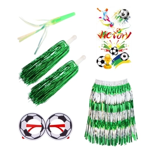 Soccer cheerleading set with foil skirt, pom poms, football glasses and victory stickers