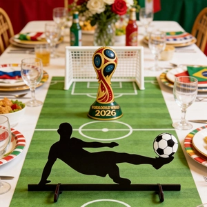 Macro view of wooden soccer player silhouette and ball on football themed table