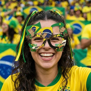 Close-up of Brazil themed party glasses with eagle and flag for football fans