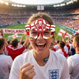 Detail of England football fan glasses with St George's flag and lion head motif