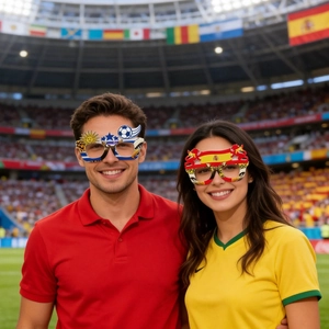 Close-up of fan wearing creative soccer theme sunglasses at a crowded football stadium