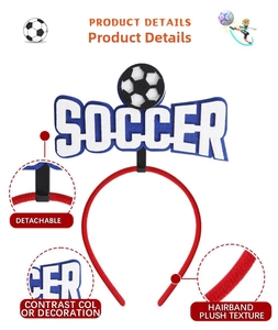 Detail view of red plush soccer headband showing detachable parts and soft fabric texture