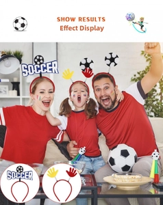 Family wearing soccer party headbands with springy letters and football props
