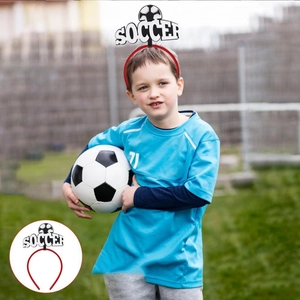 Detail showing a child wearing the red Soccer headband for football party celebrations