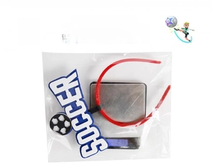 Close-up of lightweight red soccer headband in packaging weighing 21.6g on a digital scale