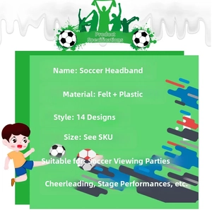Specification chart for soccer headbands in 14 styles made of felt and plastic