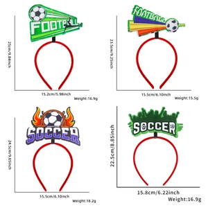 Detailed size and weight specs for four soccer-themed party headbands with football motifs