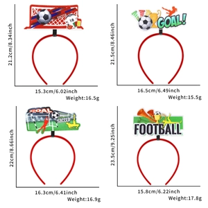 Detailed dimensions and weight specifications for four soccer party headband styles