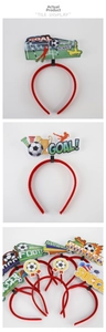Close-up of soccer party headbands featuring trophy and goal felt decorations