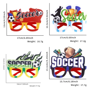 Detailed view of World Cup soccer party glasses showing dimensions and weight for fans
