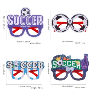 Detailed view of four soccer party glasses with dimensions and weight for fans