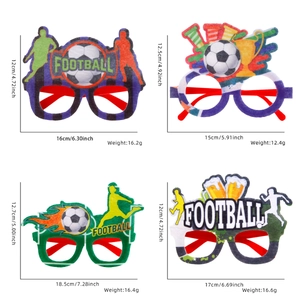 Detailed view of four soccer party glasses with dimensions and weight measurements