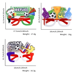 Detailed dimensions and weight of felt soccer party glasses with goal and trophy designs