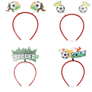 Set of four red soccer headbands with soccer trophy and goal graphics for fans