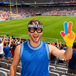 Set tifoso football americano con maglia blu, occhiali divertenti e dito di schiuma