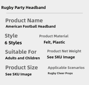 Detailed parameter chart for football theme headbands made of felt and plastic material