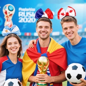 Trois modèles portant de grands nœuds de tête aux motifs de drapeaux dans un stade