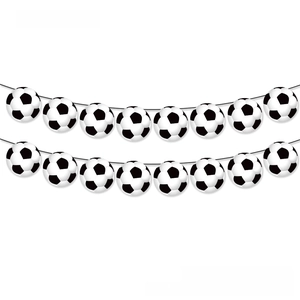 Soccer theme party banner featuring eight black and white football cards on a white background