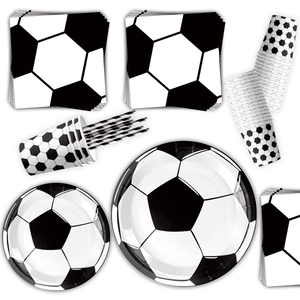 Soccer theme party tableware set with football paper plates, cups, and napkins