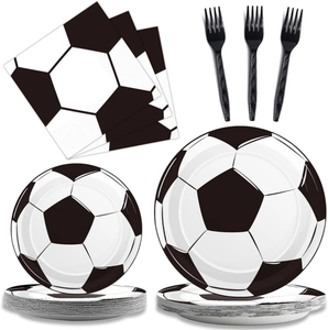Soccer party tableware set with football patterned paper plates napkins and black forks