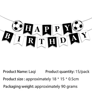 Close-up of Happy Birthday banner with black and white football patterns for party decor