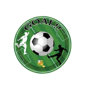 Soccer party paper plate with GOAL text, trophy icon, and player silhouettes decor