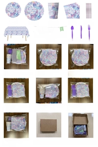 Mermaid birthday party set with paper plates, napkins, and cups in purple fish scale design