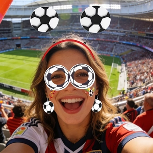 Detail of soccer themed fan set with football headband, glasses and earings for parties