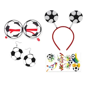 Soccer World Cup party kit with football glasses, red headband, earrings, and victory sticker