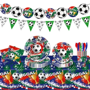 Detailed soccer party set with Goal banners, printed plates, cups and sports tablecloth