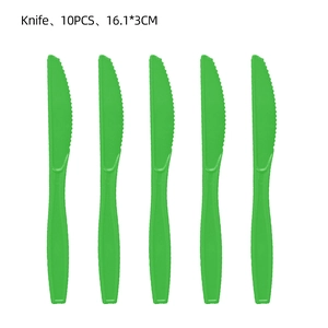 Detail of 5 green plastic football party knives with serrated edges in a 10-piece set