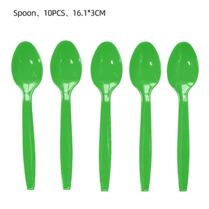 Detail of 10-piece bright green plastic party spoons measuring 16.1x3cm on white background