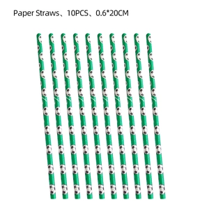 Set of 10 disposable green paper straws with black and white football patterns