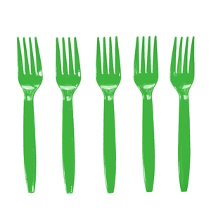 Close-up of five green plastic forks for soccer birthday party tableware sets
