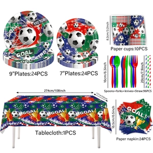 Soccer party tableware set including plates, cups, napkins, and tablecloth for decorations