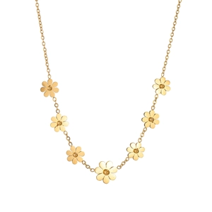 Collier élégant en acier inoxydable doré orné de sept petits pendentifs marguerites