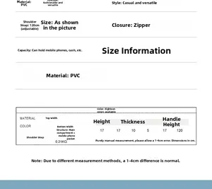 Size chart for 7-inch PC hard shell toiletry bag showing PVC material and dimensions
