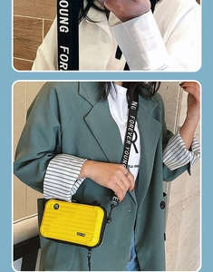 Detail of yellow mini hard shell bag with Forever Young shoulder strap and striped texture