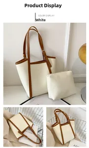 Detail of cream white tote bag set with brown contrast trim and matching small pouch