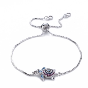 Silver turtle bracelet with colorful zircon stones and adjustable box chain