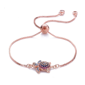 Rose gold sea turtle bracelet with colorful micro-pave zircons and adjustable box chain