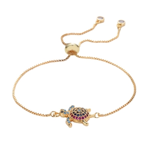 Adjustable gold turtle bracelet with colorful zircon stones and slider box chain
