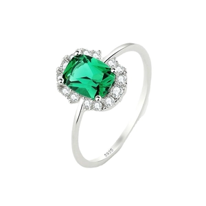 S925 sterling silver ring with emerald gemstone and diamond accents in vintage style