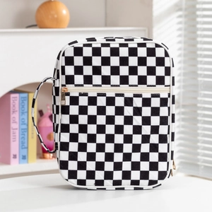 Quilted checkerboard book storage bag with black and white pattern and gold zipper detail